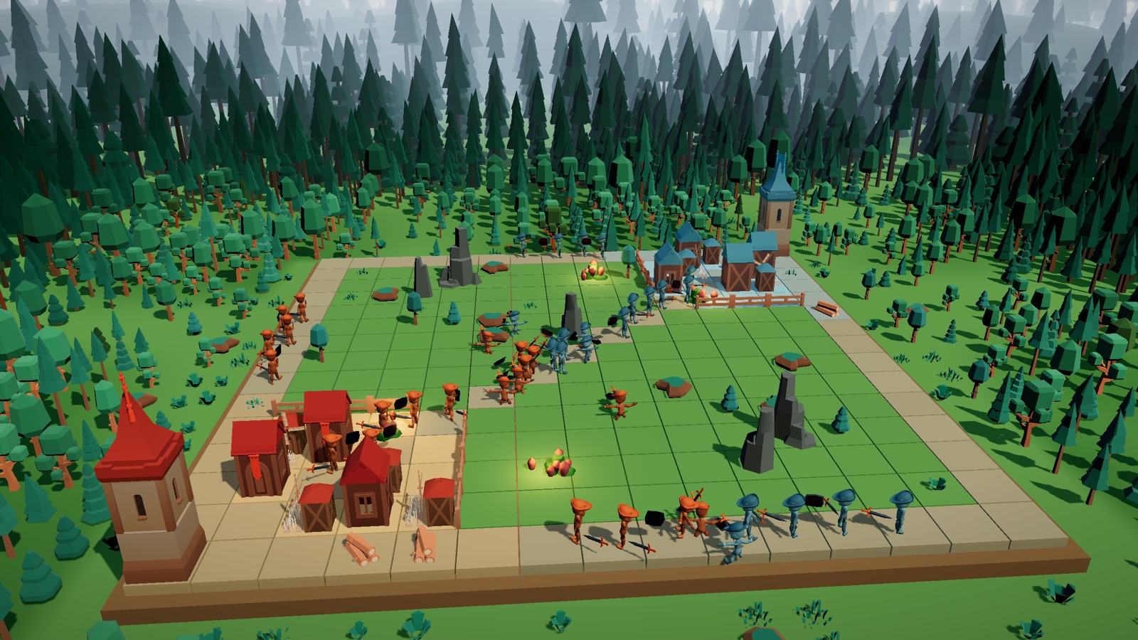 A 15x15 board laid out as a lamplit clearing in an endless night forest, ringed by a glowing river. An ember town holds one corner, a cold blue town the opposite one, and their two waves of soldiers are colliding on the diagonal between them.
