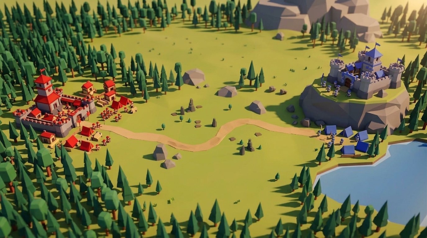 A sunlit valley: a red camp under a watchtower on one side, a blue castle on a rock above a lake on the other, one road between them.
