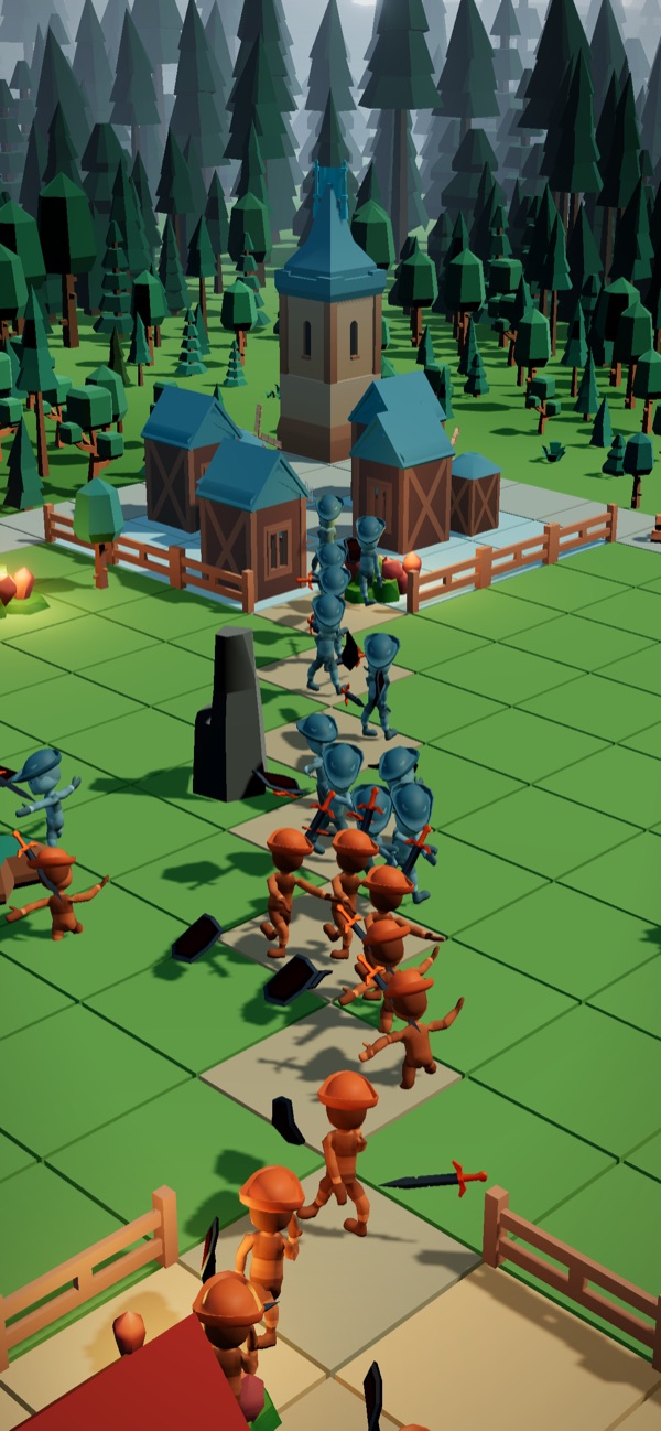 Two waves meeting mid-board, seen from the ember side: orange soldiers in the foreground, pale blue soldiers coming down from the cold town at the top, equal numbers down on both sides of the line.
