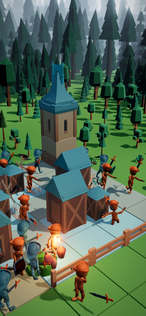 Orange soldiers swarming the gate of the cold blue castle core, its tower rising against the treeline with the banner lit above.