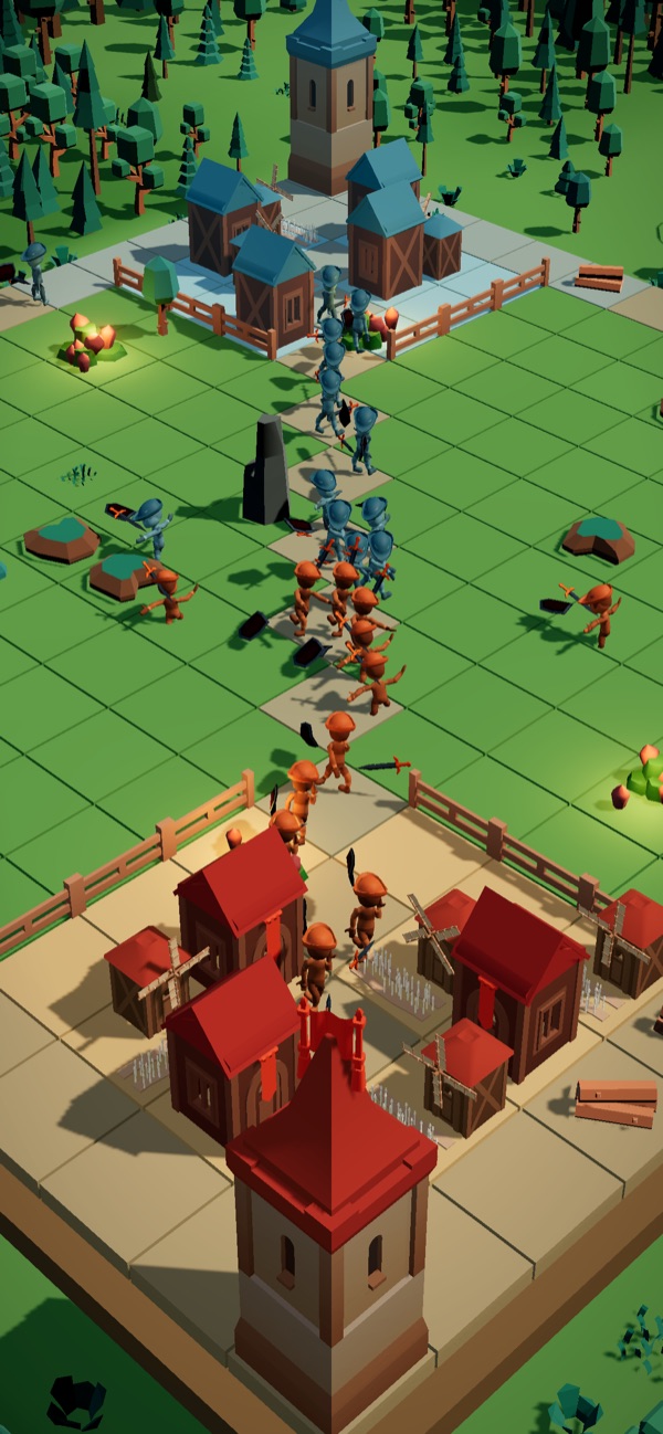 The ember town from above its own corner at night: the castle core nearest, glowing claimed land around it with banner halls and a windmill farm, and its wave of soldiers marching up the board toward the rival's cold town at the top of the frame.